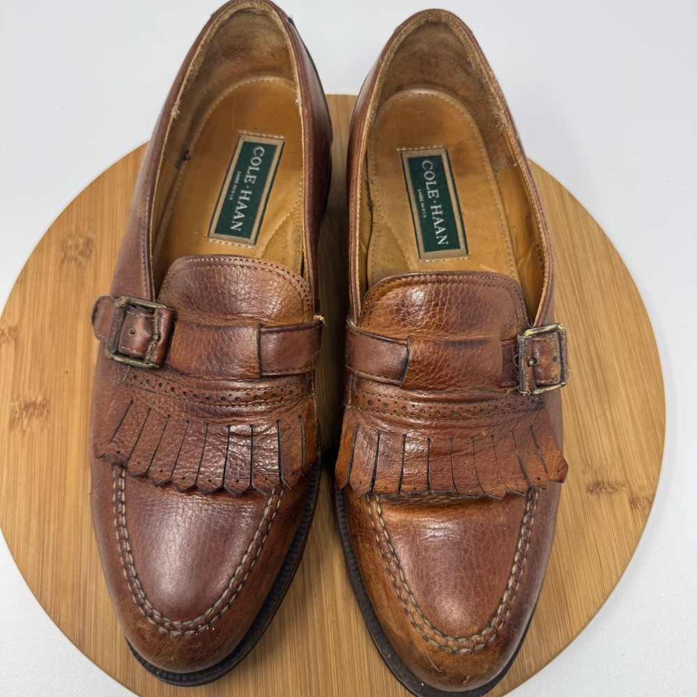 Vintage Cole Haan Mens Brown Leather Kiltie Buckle Loafers USA made 10.5D 109354